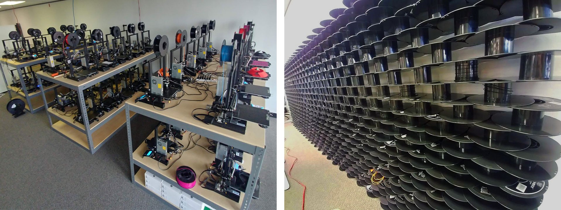 Left: Racks of active 3D printers making face shields. Right: Stacks of empty 3D printer filament spools.