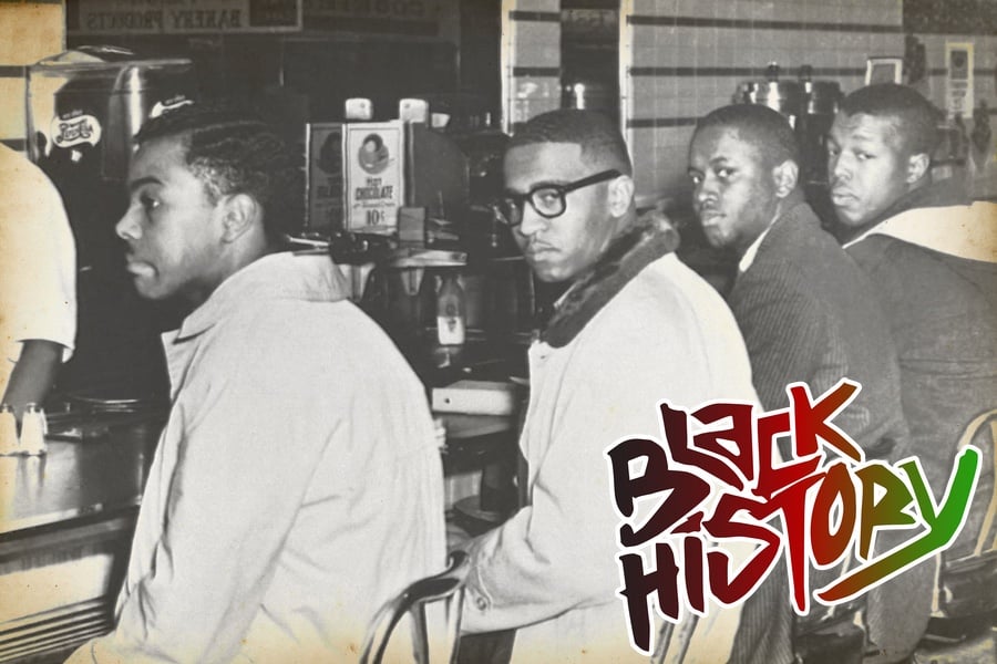 Four black students sitting at a lunch counter at the Woolworth's in Greensboro, NC on February 2, 1960