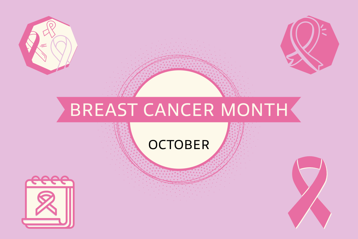 Graphic promoting Breast Cancer Awareness Month in October with pink ribbons and pastel pink ribbons
