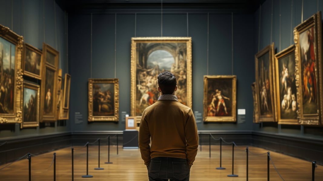 Image of visitors at an art museum representing the Go To an Art Museum November holiday