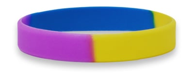 Image of a purple blue and yellow wristband that shares the same color scheme as the split purple yellow and blue bladder cancer awareness ribbon
