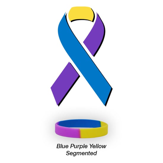 Image of a purple blue and yellow silicone wristband as well as a graphic of the purple blue and yellow bladder cancer awareness ribbon