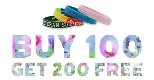 Photo promoting the low-cost Buy 100 Get 200 Free items promotion in the Rapidwristbands shop