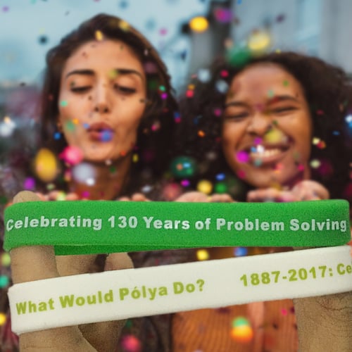 Green and White Rubber Bracelets with Celebrating 130 Years of Problem Solving and What Would Polya Do? + phone number in white/green respectively