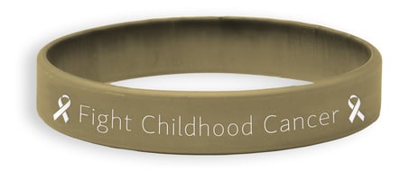 Metallic Gold wristband showing a childhood cancer awareness slogan for childhood cancer awareness month.