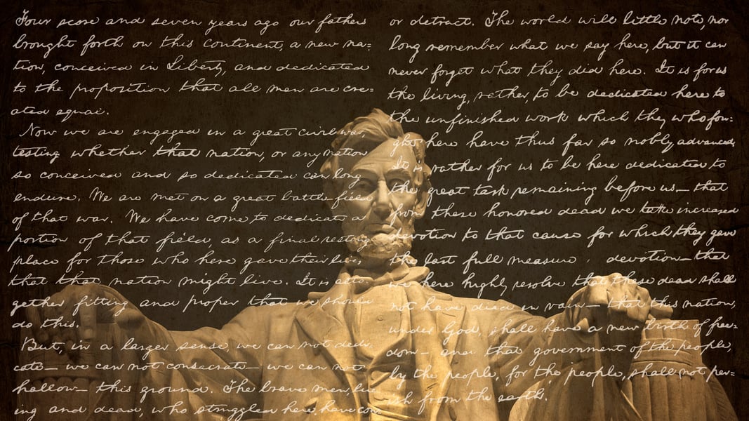 Image of the Lincoln Memorial with an overlay of the Gettysburg Address text