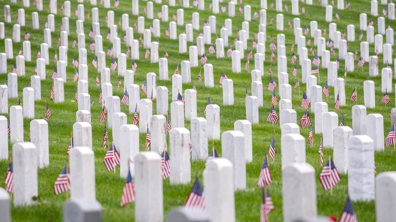 Photo of military gravestones at Arlington National Cemetery with American flags on each one
