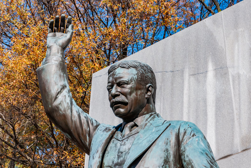 Image of a Teddy Roosevelt statue, representing the incident on October 14, 1912 in which he delivered a speech despite having been shot