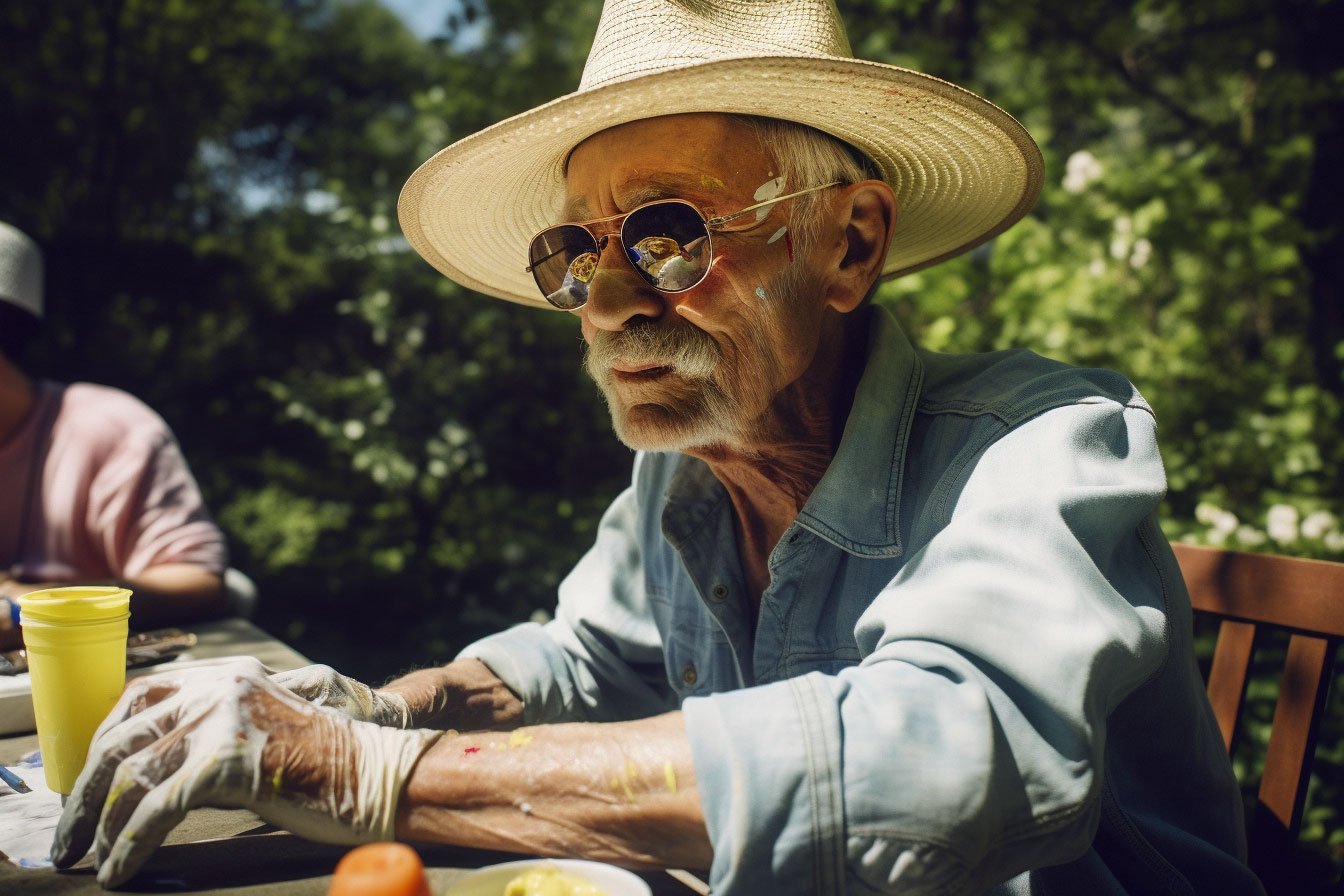 Older man working in the garden wearing a wide-brimmed sun hat, sunglasses, and long-sleeved shirt to protect his skin from the sun.