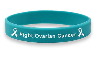 Example photo of a low price customized silicone wristband with an ovarian cancer ribbon awareness design to support, raise awareness for, and promote research for ovarian cancer, as well as other diseases and causes.