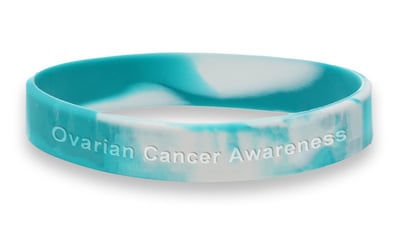 Photo of a teal white segmented band with an Ovarian Cancer Awareness design