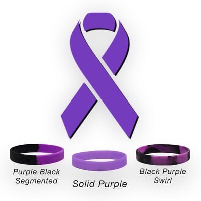 Graphic showing  a purple cancer awareness ribbon and purple wristband variations