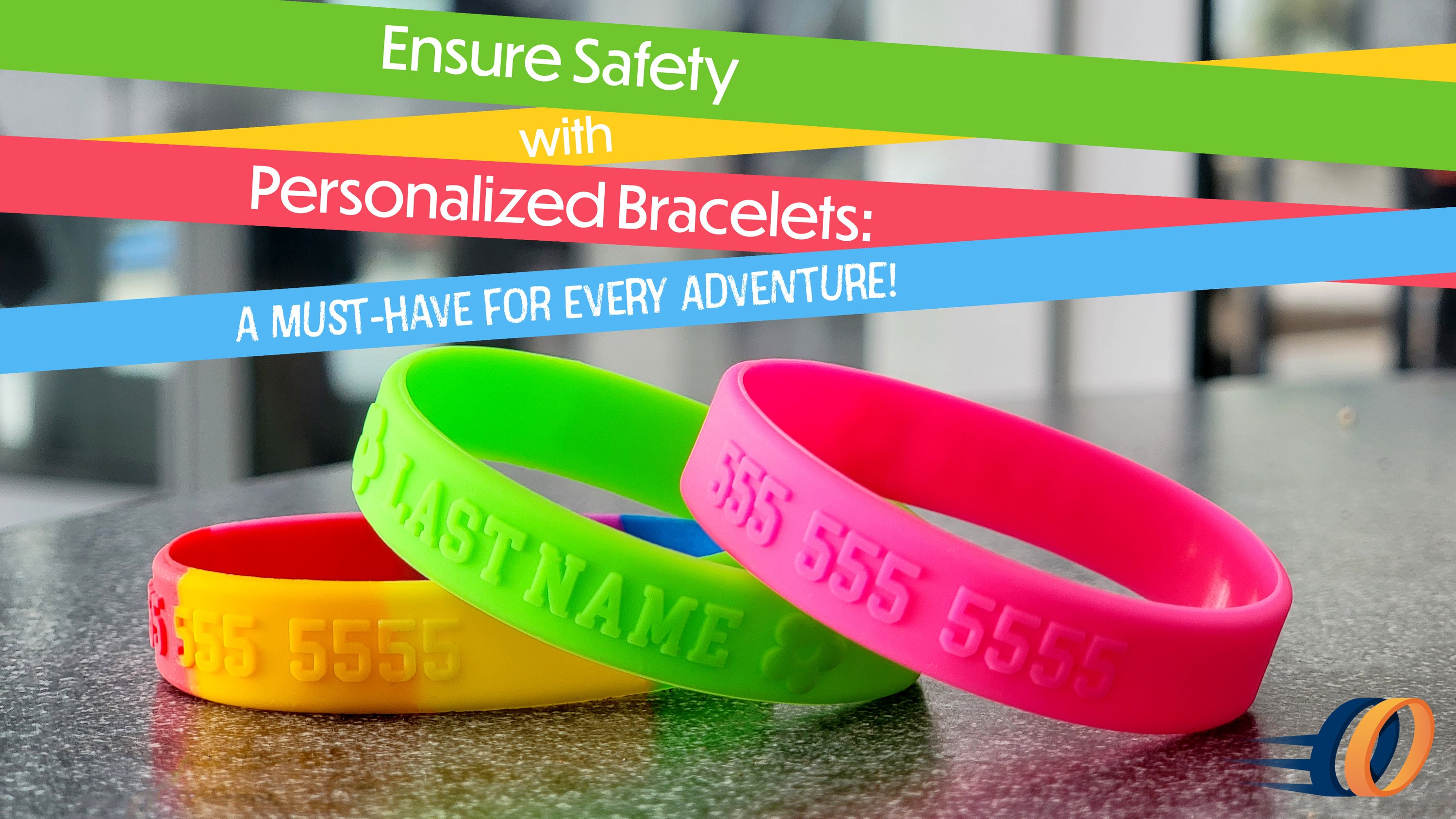 EImage of three brightly colored wristbands with phone numbers and names on them