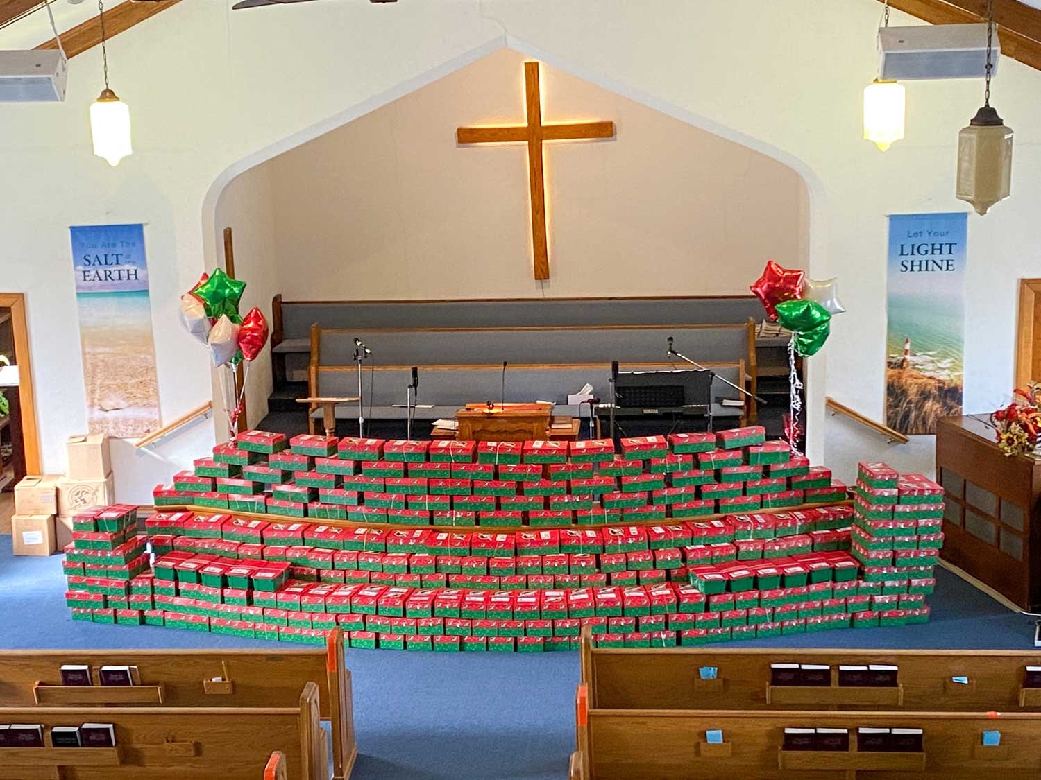 Shoebox Disciples Wall of Packed Shoeboxes Inside Church