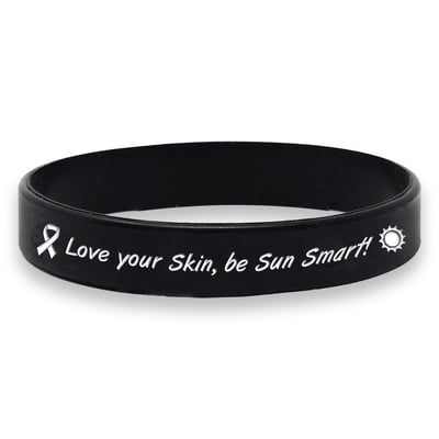 Love your Skin, be Sun Smart Custom Black Wristband with Ribbon and Sun Icons