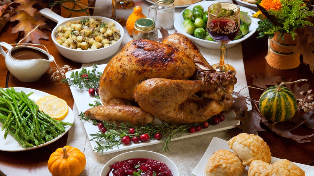 Image of a Thanksgiving Dinner feast on a table as part of the November holidays 
