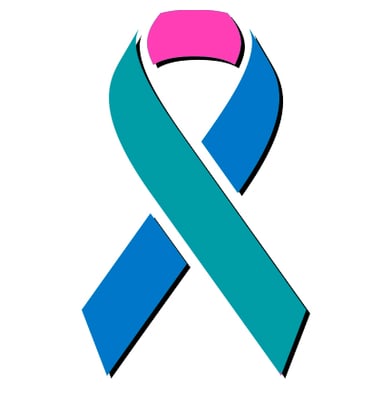 Graphic showing the split teal blue pink thyroid cancer awareness ribbon used to promote research for a cure to the disease