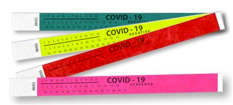 4 colorful tyvek wristbands with COVID-19 information on them