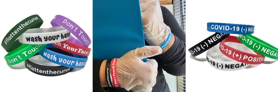 a trio of pictures of silicone wristbands being used in a healthcare setting