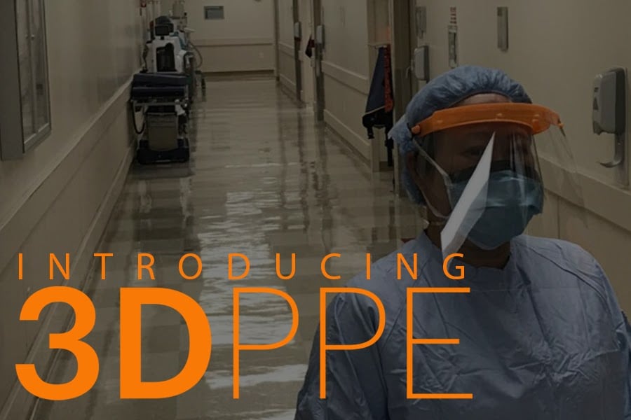 A nurse wearing PPE. The words "Introducing 3DPPE" in orange