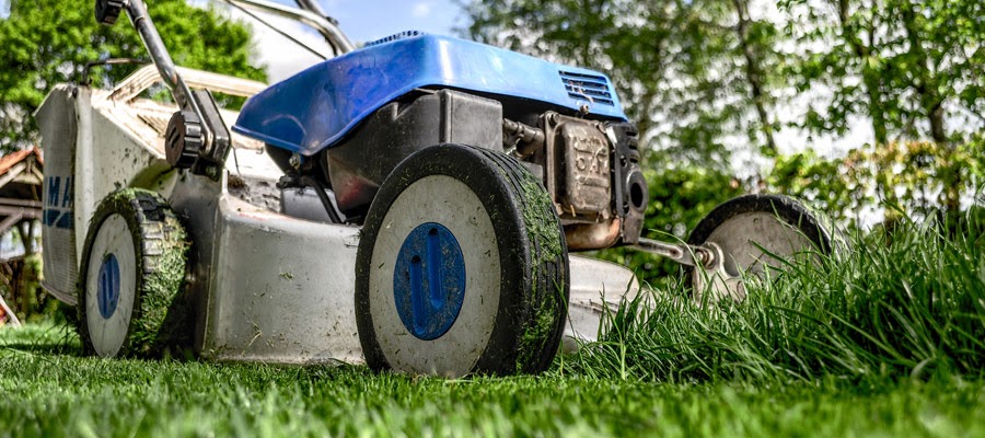 A lawn mower cutting grass