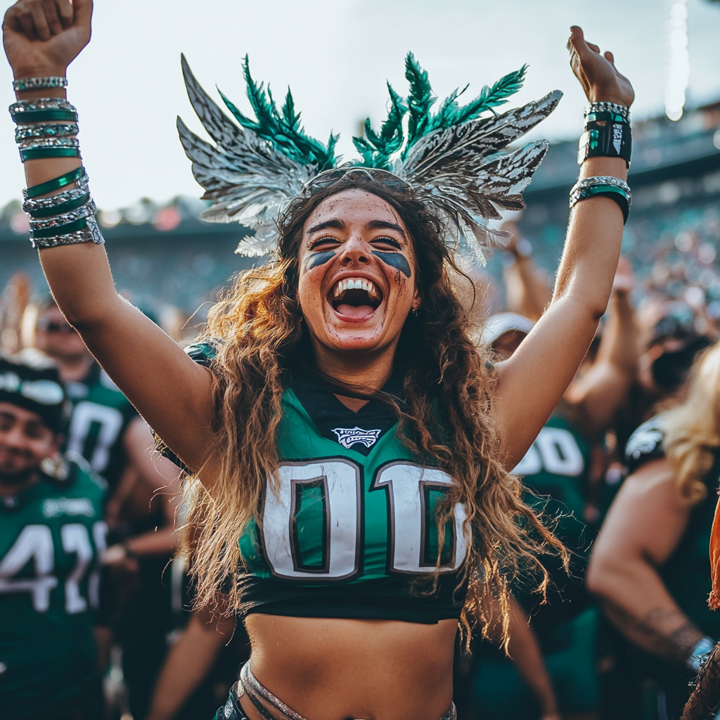 Show off your team spirit with custom wristbands! Image of a woman wearing NFL Eagles team gear and wristbands.