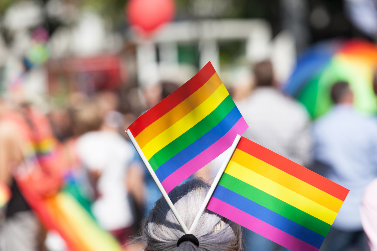 A woman has two small pride flags in her hair. the pride representing pride month.